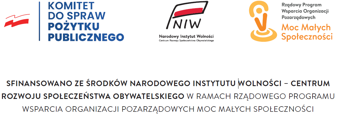 Sfinansowano ze środków Narodowego Instytutu Wolności – Centrum Rozwoju Społeczeństwa Obywatelskiego w ramach Rządowego Programu Wsparcia Organizacji Pozarządowych Moc Małych Społeczności