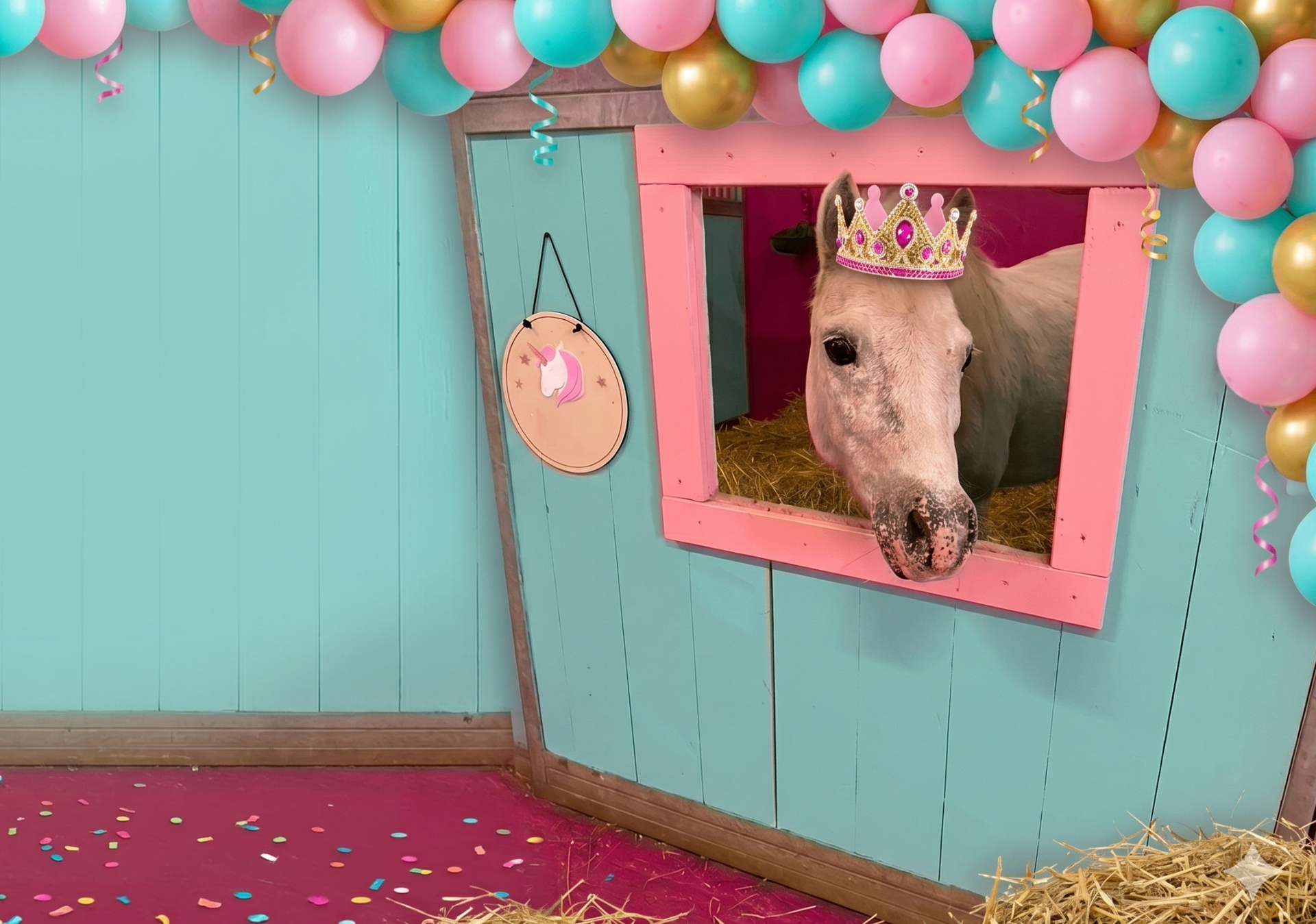 Kucyk w koronie wśród balonów — urodziny z kucykami